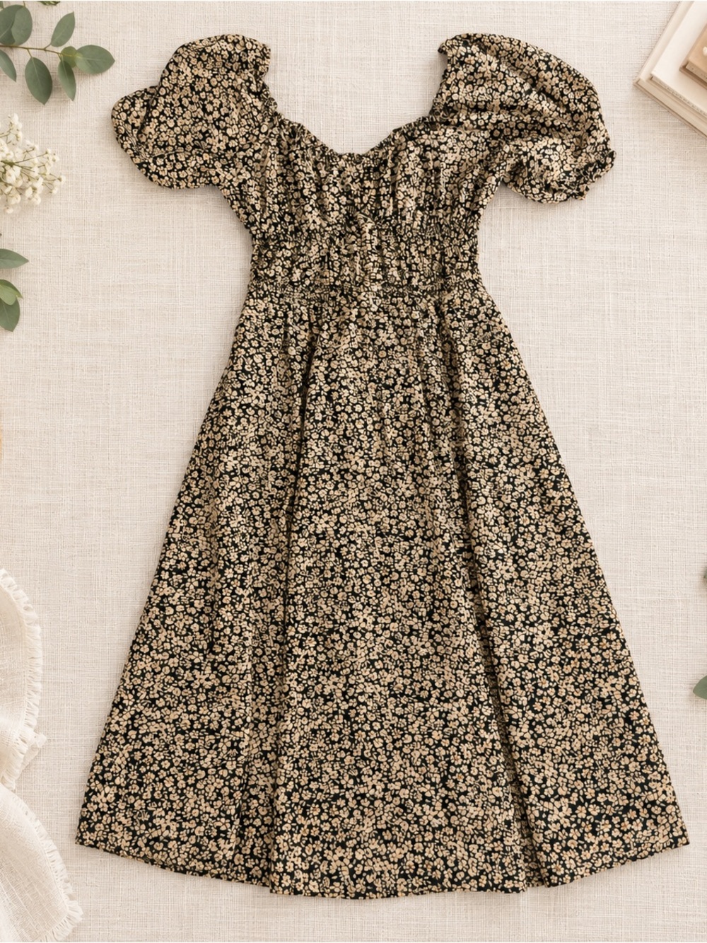 Gap Black Beige Floral Puff Sleeve Smocked Cotton Midi Dress S Petite